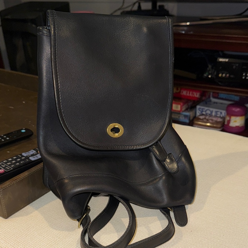 Vintage Coach Black Leather Backpack with Gold Clasp
